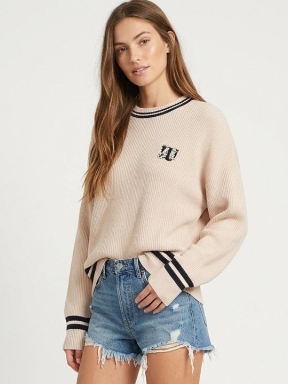 Vintage Wilson Striped Trim & Embroidered Logo Wool Crewneck Sweater In Ivory